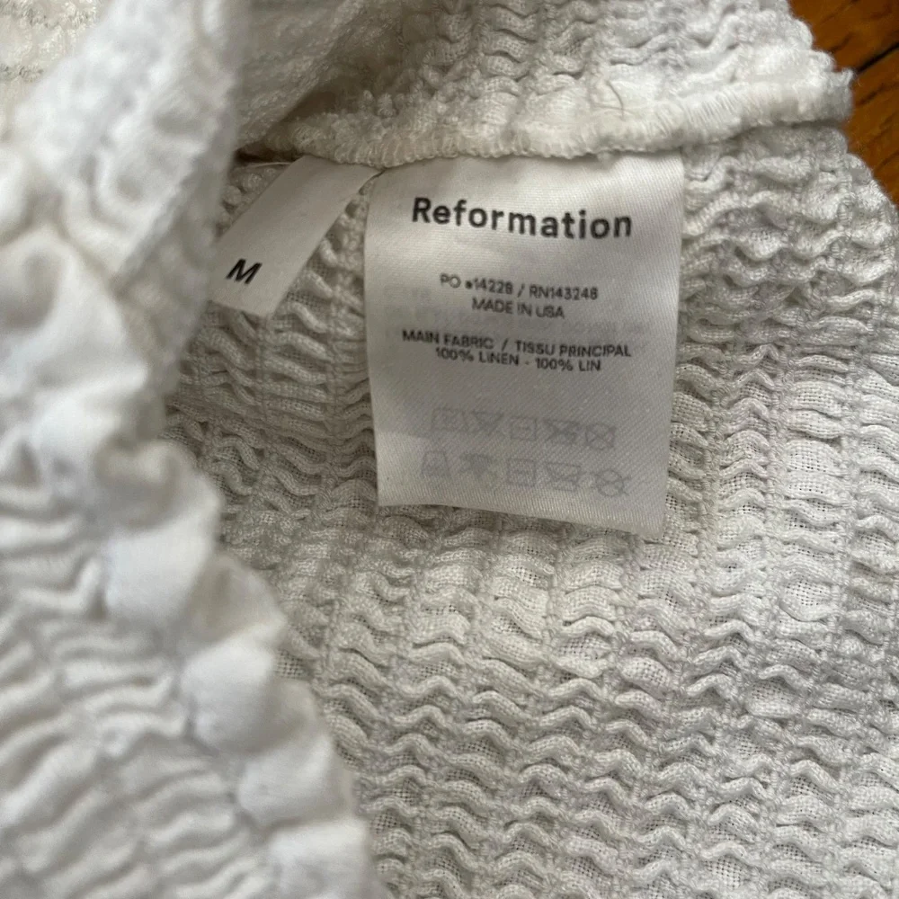 Reformation Haven White Smocked Linen Puff Sleeve Top Size M